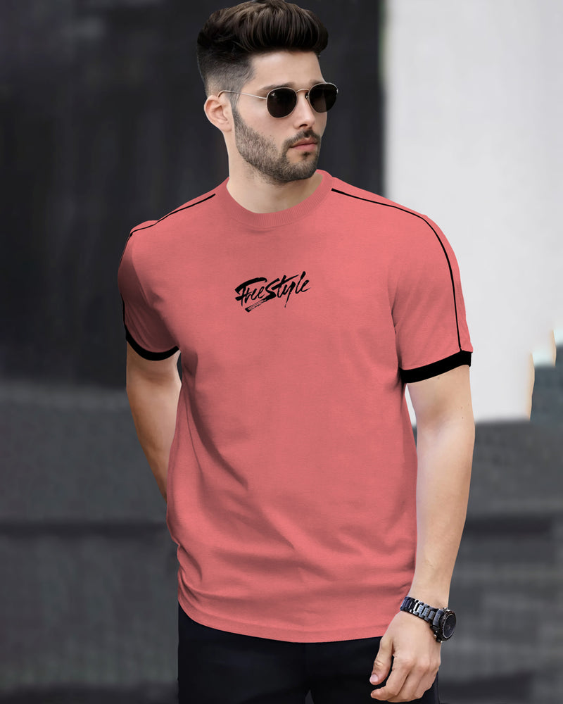 Men Round Neck Pink White Piping T-Shirt