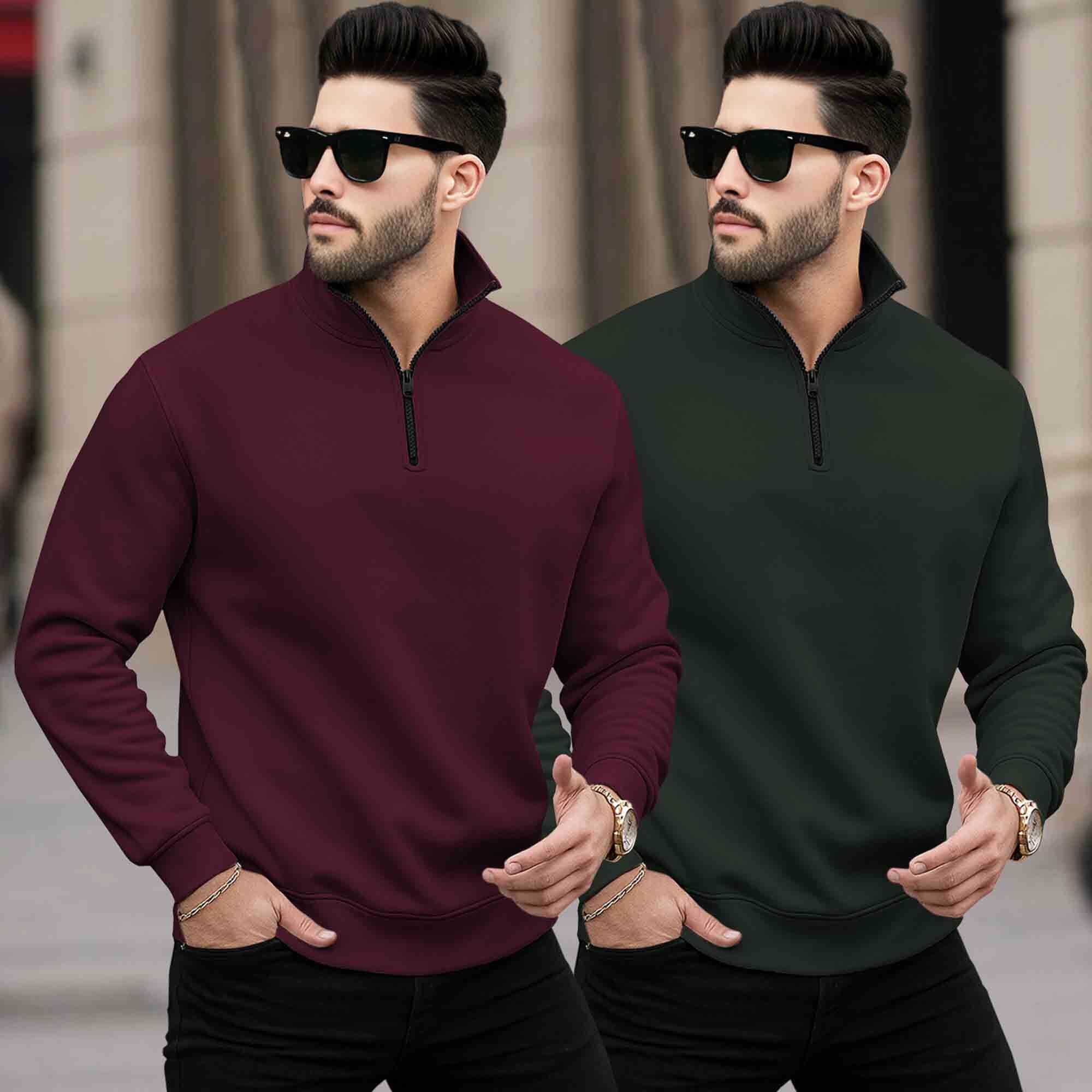 (Pack of 2) Mens Plain High Neck Plain Sweatshirts Maroon-Olivegreen