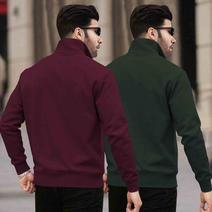 (Pack of 2) Mens Plain High Neck Plain Sweatshirts Maroon-Olivegreen
