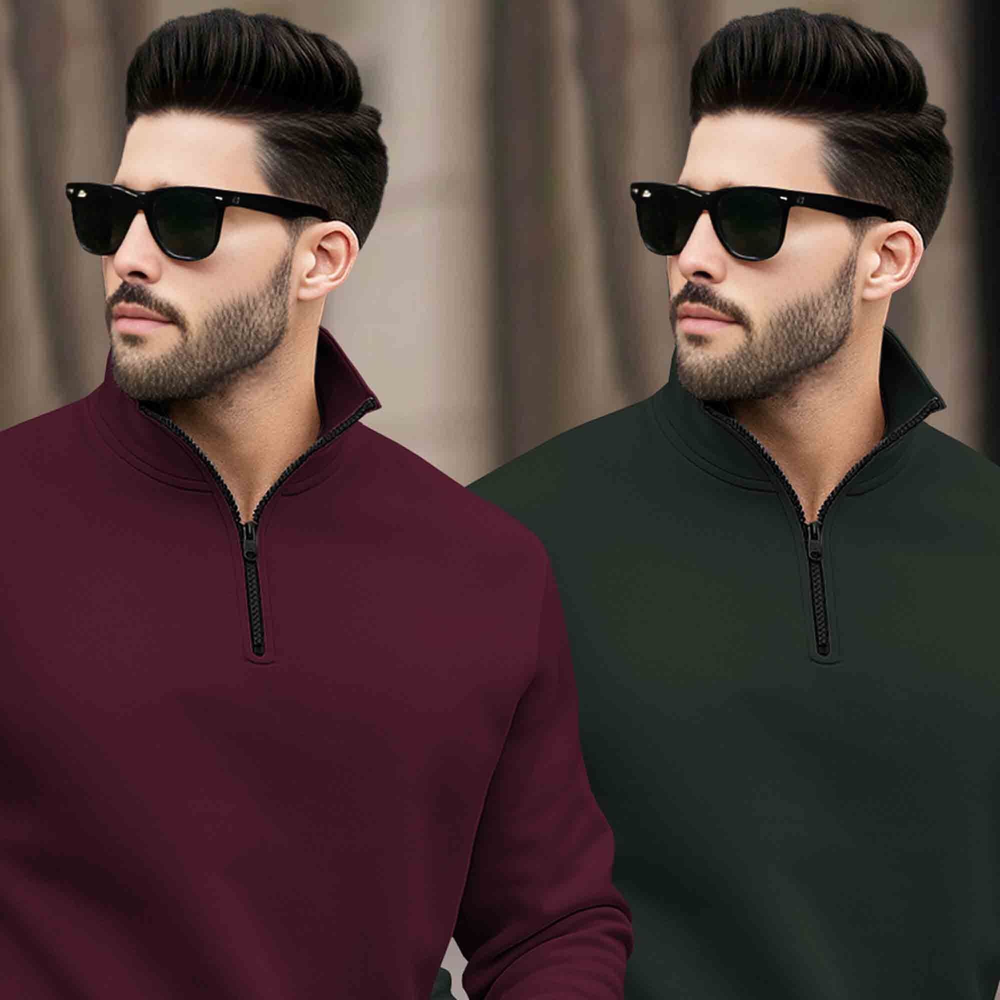(Pack of 2) Mens Plain High Neck Plain Sweatshirts Maroon-Olivegreen