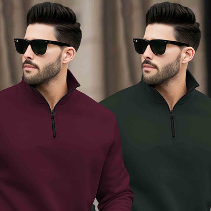 (Pack of 2) Mens Plain High Neck Plain Sweatshirts Maroon-Olivegreen