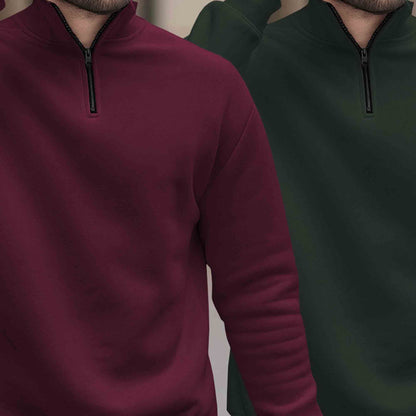 (Pack of 2) Mens Plain High Neck Plain Sweatshirts Maroon-Olivegreen