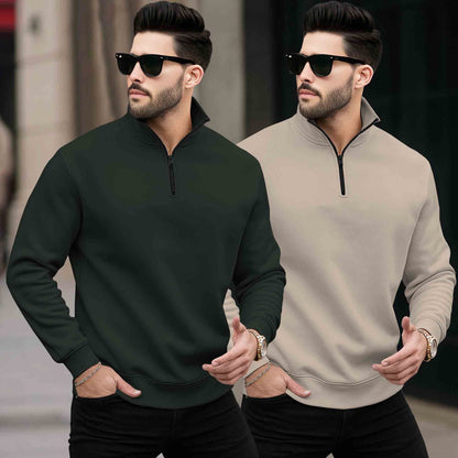 (Pack of 2) Mens Plain High Neck Plain Sweatshirts Olive-Beige