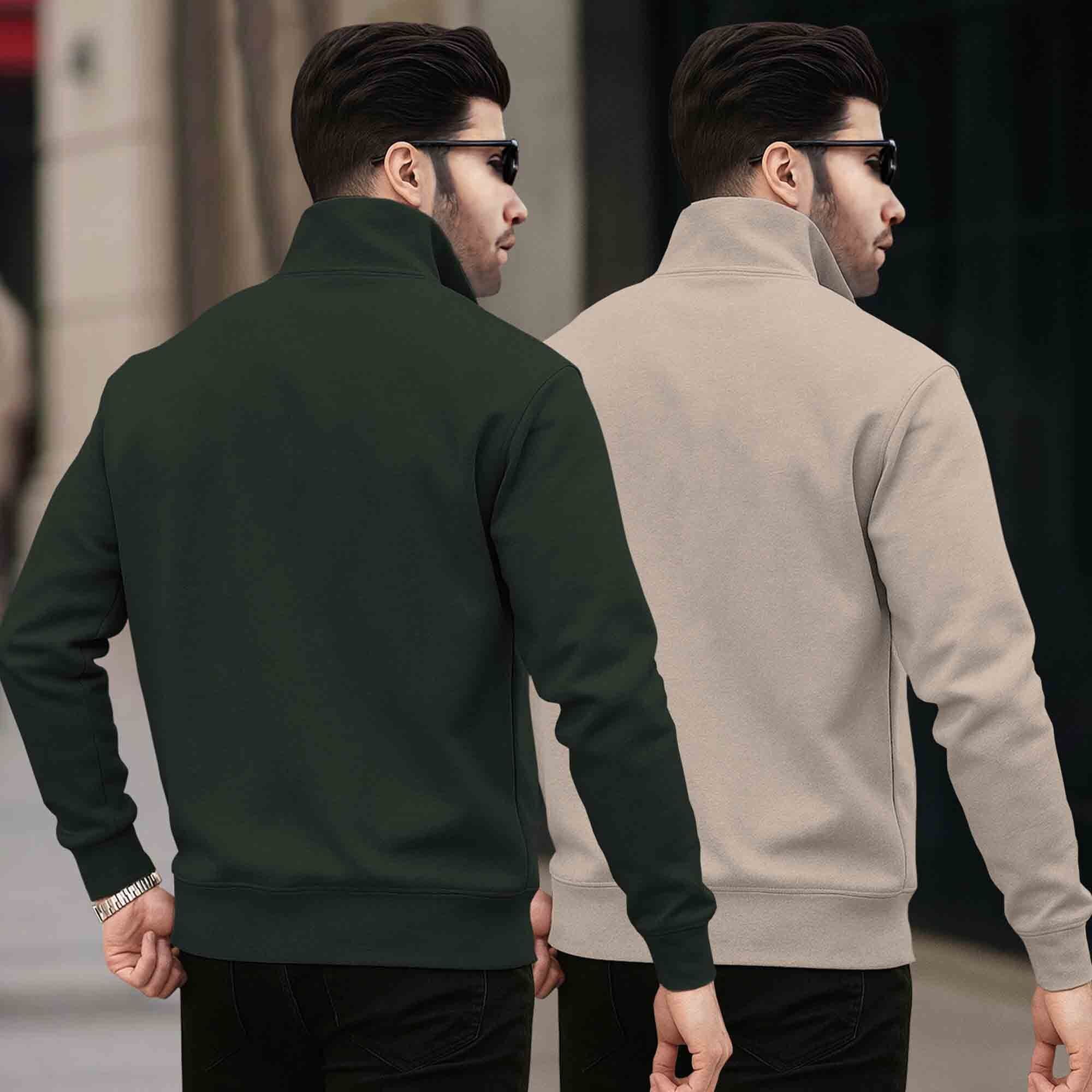 (Pack of 2) Mens Plain High Neck Plain Sweatshirts Olive-Beige