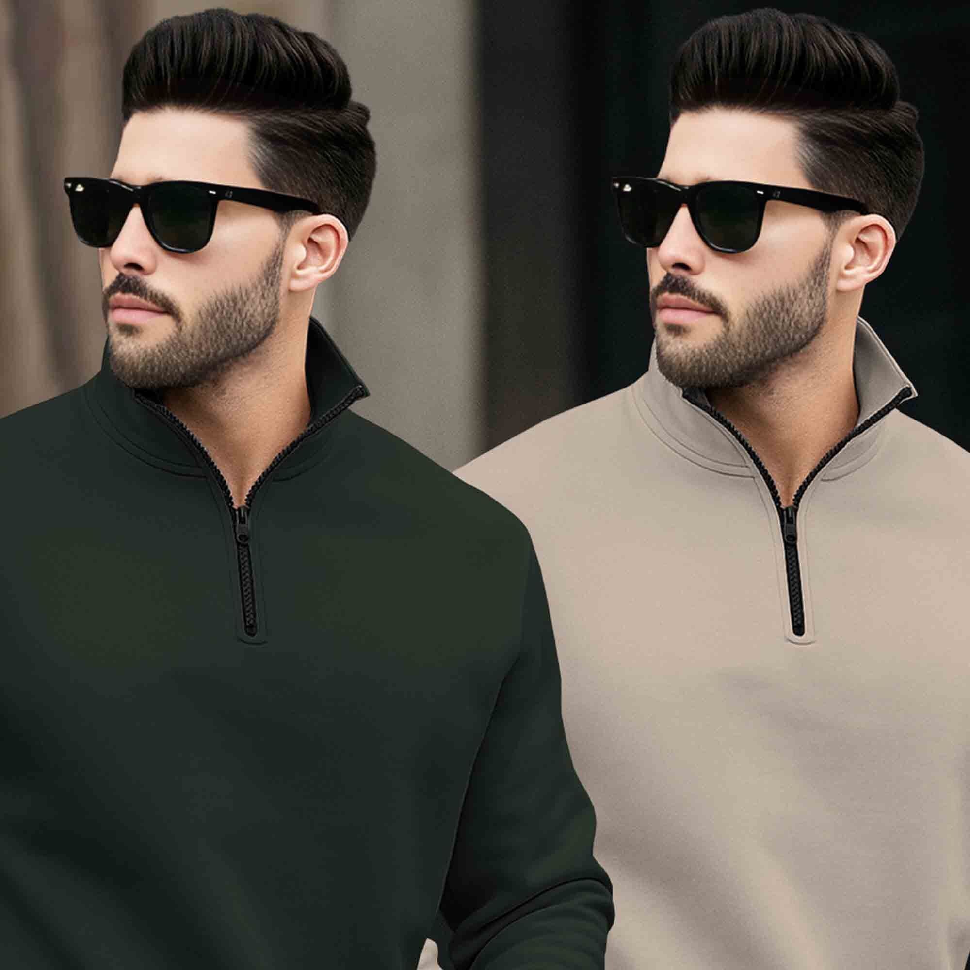 (Pack of 2) Mens Plain High Neck Plain Sweatshirts Olive-Beige