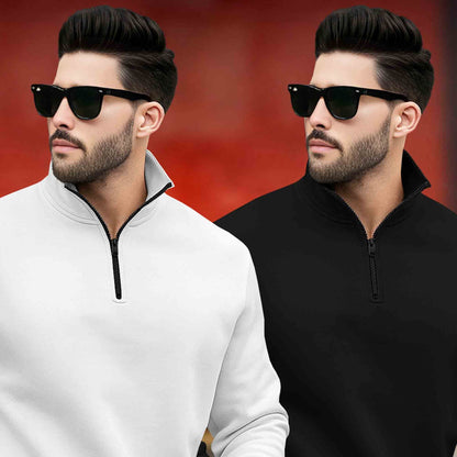 (Pack of 2) Mens Plain High Neck Plain Sweatshirts White & Black