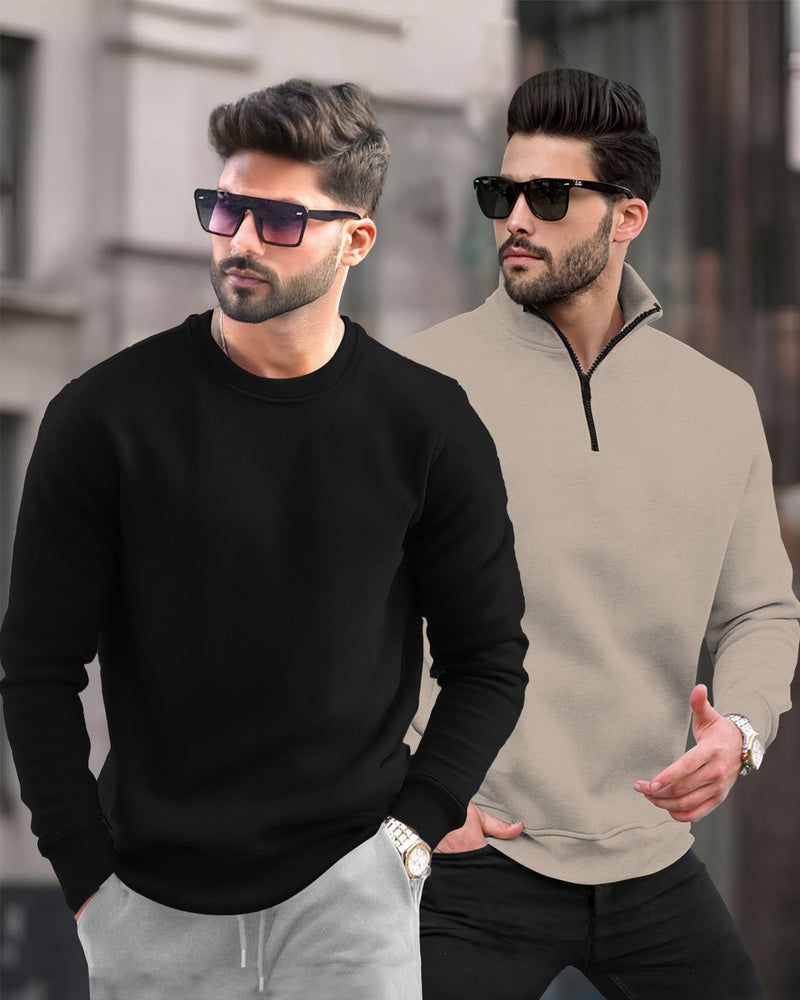 (Pack Of 2) Mens Round Neck Plain Winter Sweatshirt / Multicolour