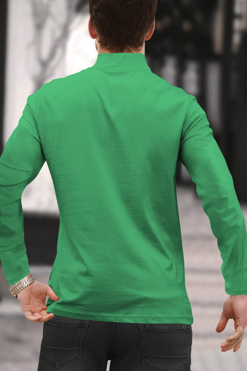 Men Solid Zip Neck Parrot Green T-Shirt