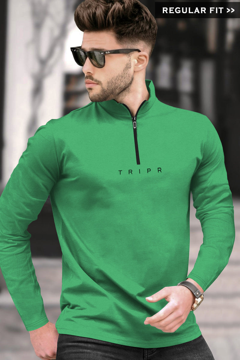 Men Solid Zip Neck Parrot Green T-Shirt