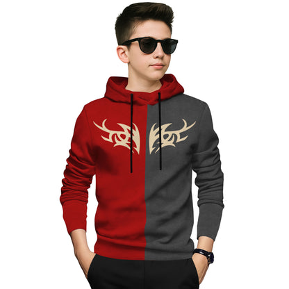Boys Full Sleeve Hooded Dual Color T-shirt Red & Darkgrey