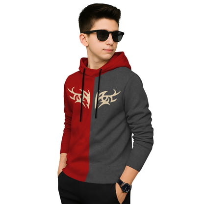Boys Full Sleeve Hooded Dual Color T-shirt Red & Darkgrey