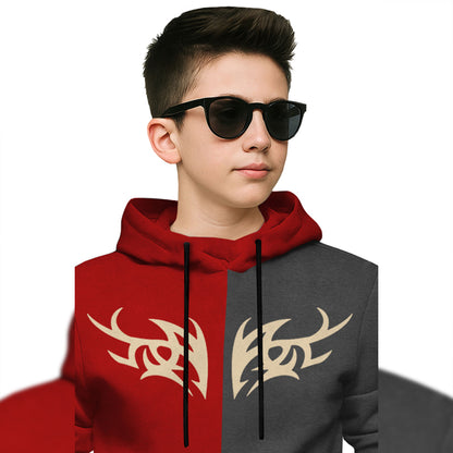 Boys Full Sleeve Hooded Dual Color T-shirt Red & Darkgrey