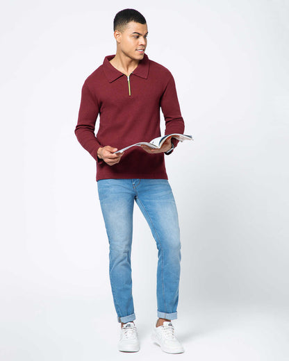Men’s Waffle Textured Red Full Sleeve Polo T-Shirt with Quarter Zip Neck