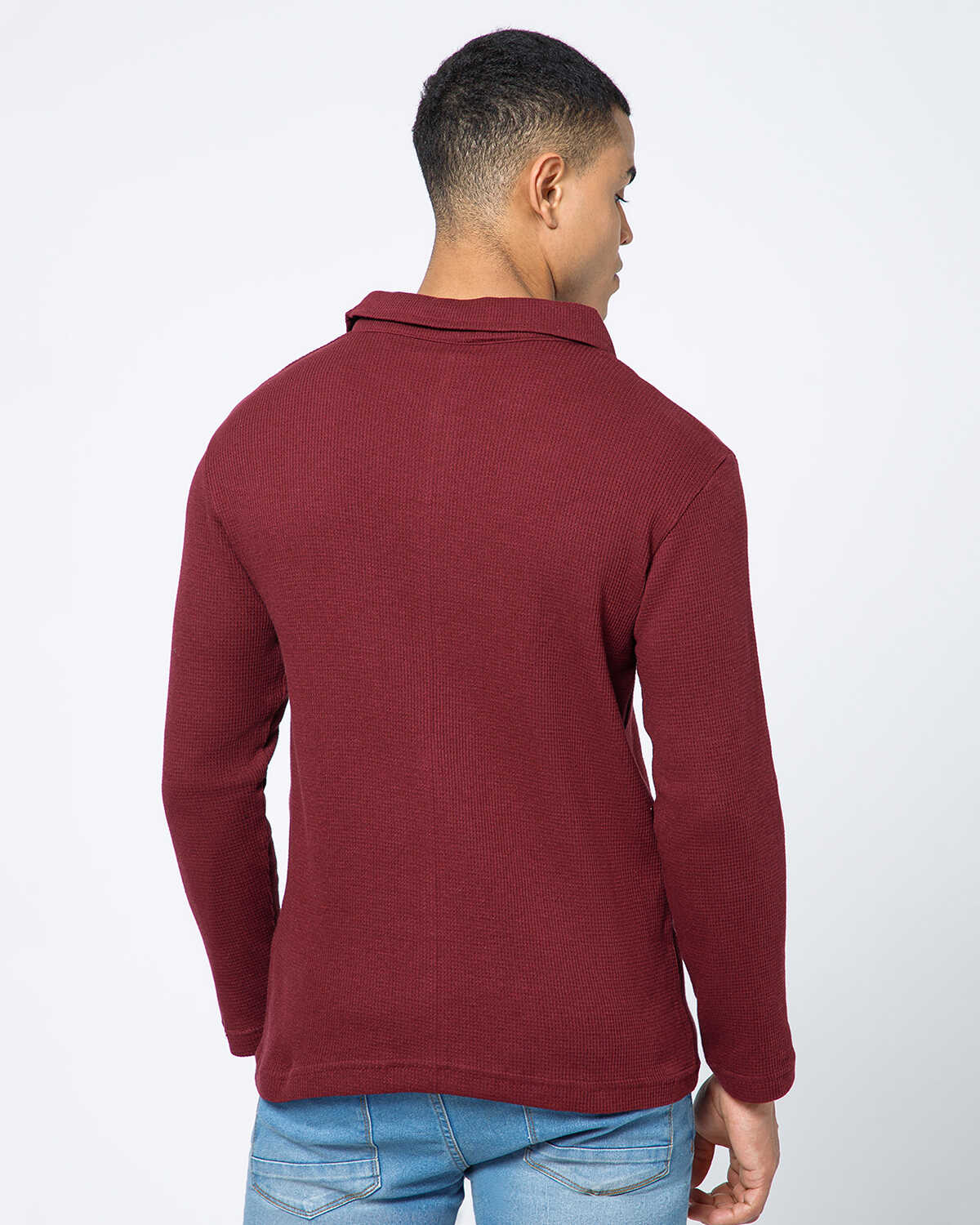 Men’s Waffle Textured Red Full Sleeve Polo T-Shirt with Quarter Zip Neck
