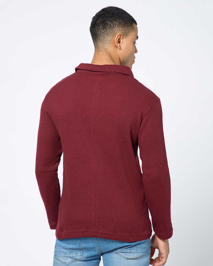Men’s Waffle Textured Red Full Sleeve Polo T-Shirt with Quarter Zip Neck