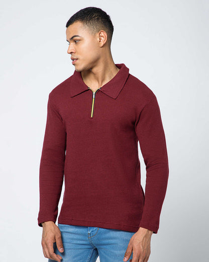 Men’s Waffle Textured Red Full Sleeve Polo T-Shirt with Quarter Zip Neck