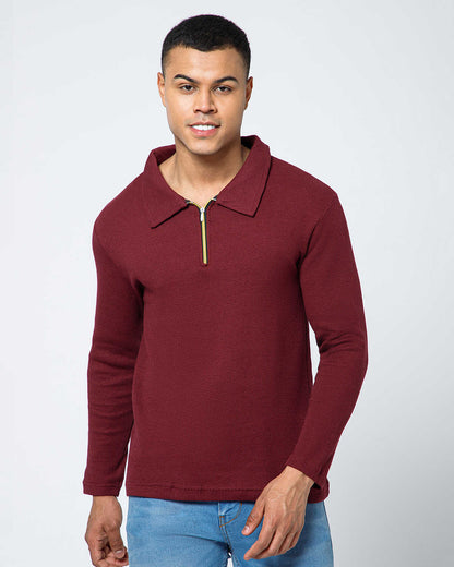 Men’s Waffle Textured Red Full Sleeve Polo T-Shirt with Quarter Zip Neck