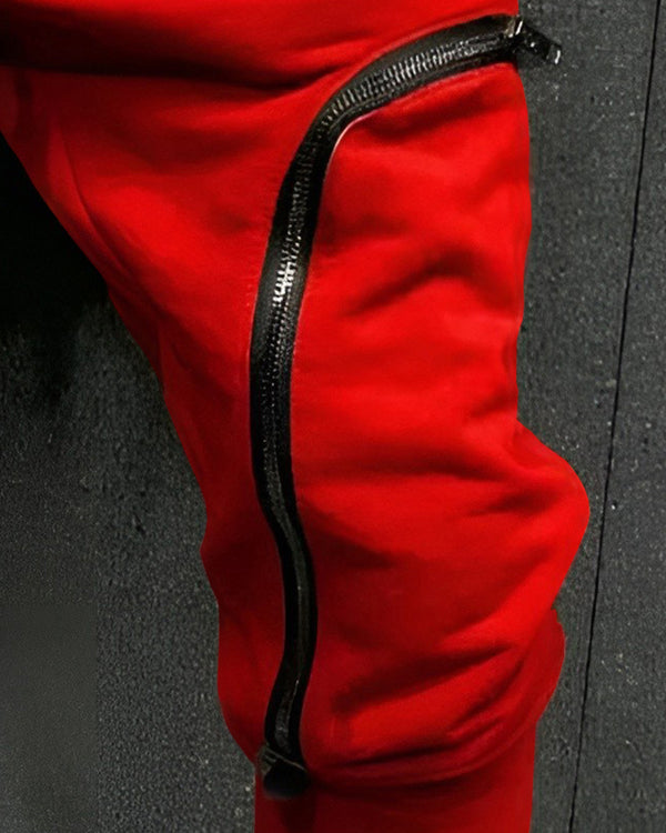 Model wearing zip pocket red cargo pant