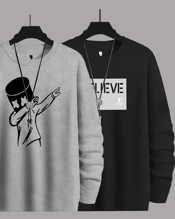 (Pack of 2) Men Full Sleeve Marshmellow & Blieve T-shirts Combo | Grey & Black