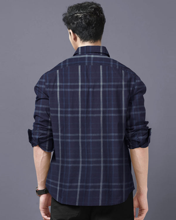 Premium Quality Men Navy Blue Full Hand Checked Casual Shirt