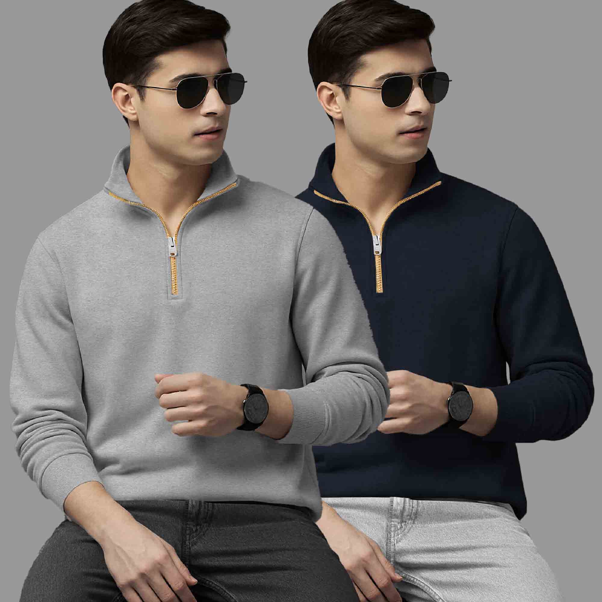 Pack Of 2 Quarter Zip High Neck Plain Combo Sweatshirts