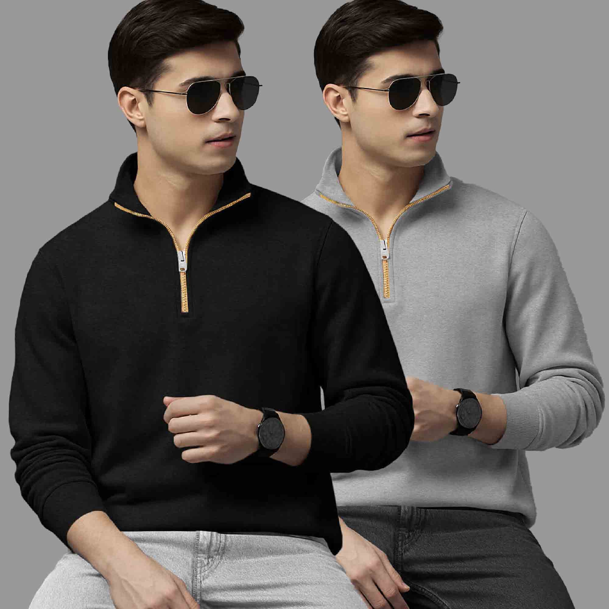 Pack Of 2 Quarter Zip High Neck Plain Combo Sweatshirts