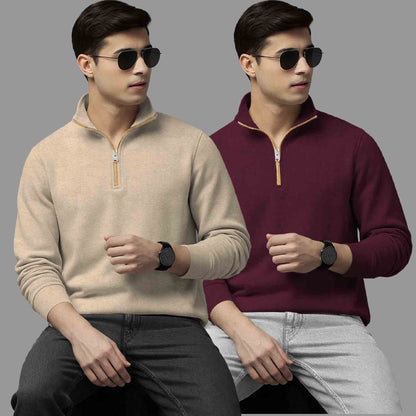 Pack Of 2 Quarter Zip High Neck Plain Combo Sweatshirts