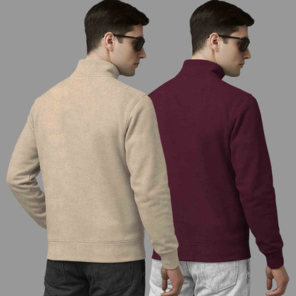 (Pack Of 2) High Neck Beige & Maroon Plain Sweatshirts