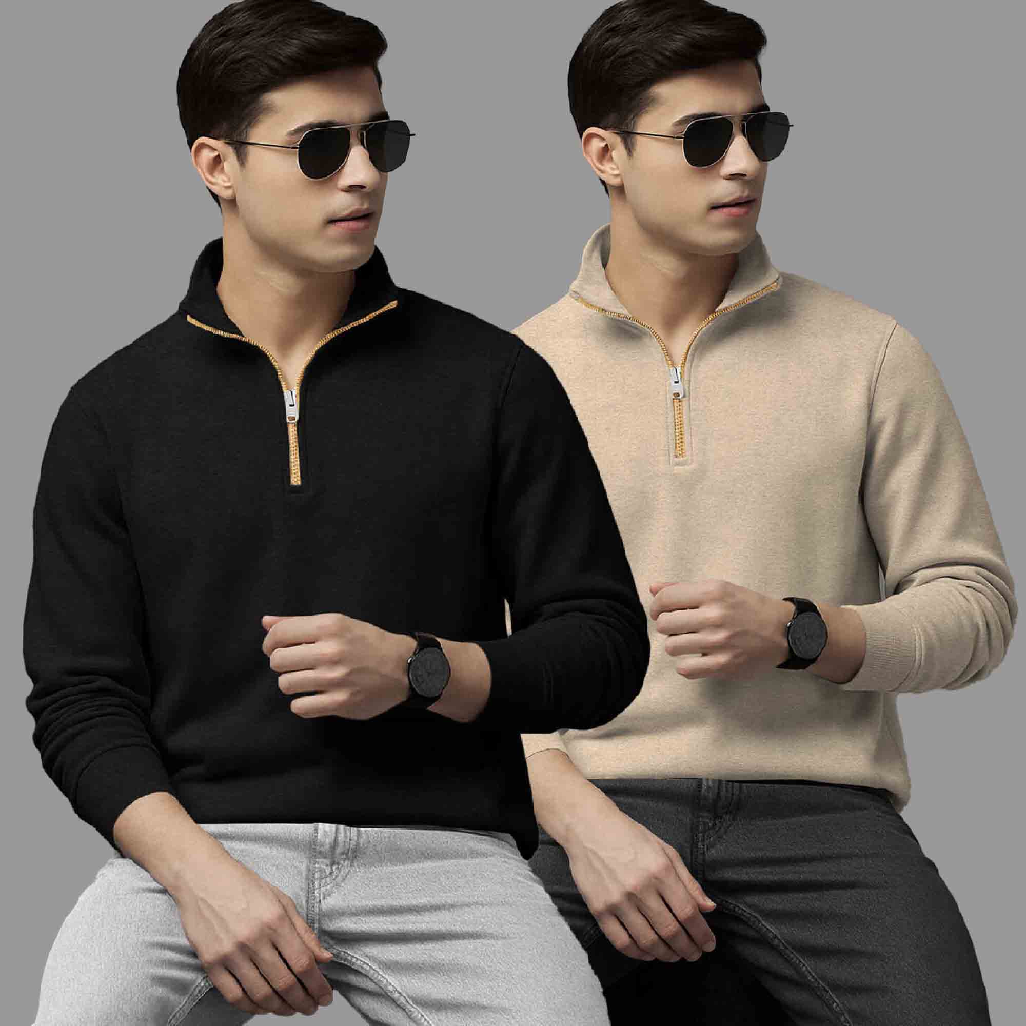 Pack Of 2 Quarter Zip High Neck Plain Combo Sweatshirts