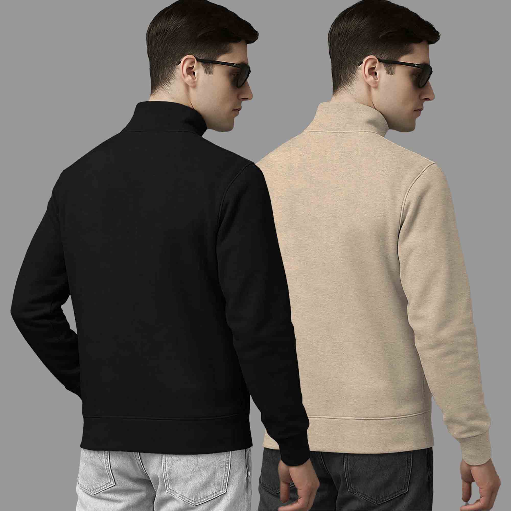 (Pack Of 2) High Neck Black & Beige Plain Sweatshirts