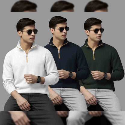 Pack Of 3 Mens Quarter Zip High Neck Plain Combo Sweatshirts