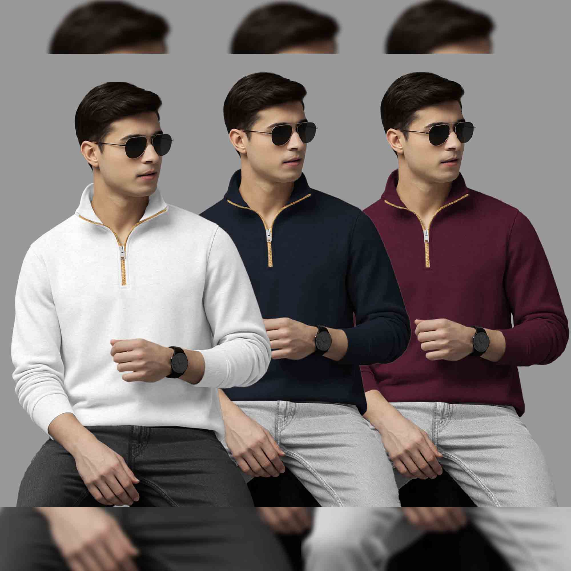 Pack Of 3 Mens Quarter Zip High Neck Plain Combo Sweatshirts