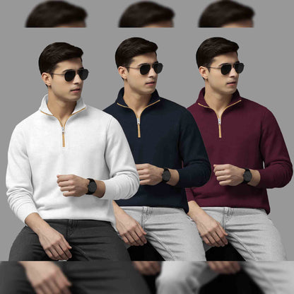 Pack Of 3 Mens Quarter Zip High Neck Plain Combo Sweatshirts