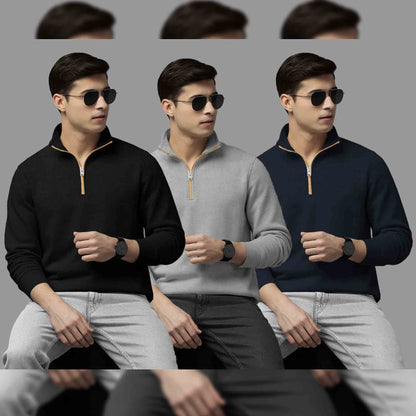 Pack Of 3 Mens Quarter Zip High Neck Plain Combo Sweatshirts