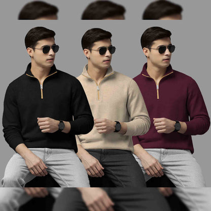 Pack Of 3 Mens Quarter Zip High Neck Plain Combo Sweatshirts
