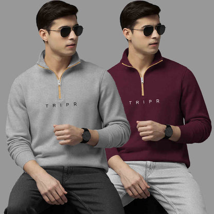 Pack Of 2 Logo Printed Mens Quarter Zip High Neck Combo Sweatshirts