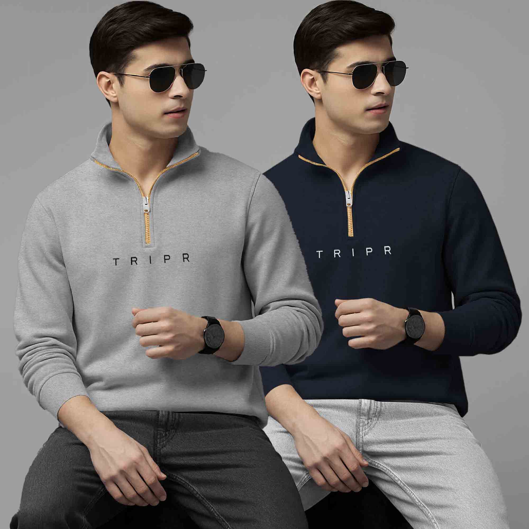 Pack Of 2 Logo Printed Mens Quarter Zip High Neck Combo Sweatshirts