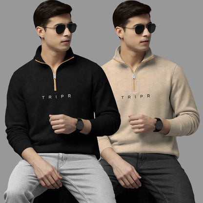 Pack Of 2 Logo Printed Mens Quarter Zip High Neck Combo Sweatshirts