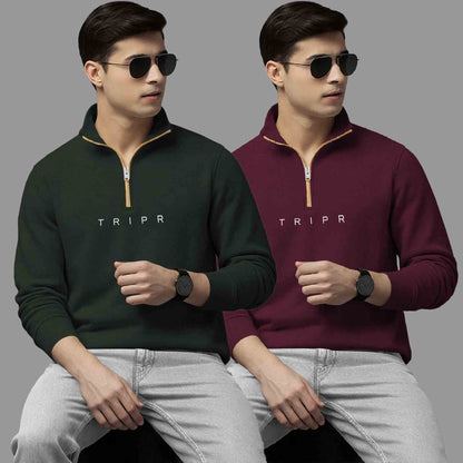 Pack Of 2 Logo Printed Mens Quarter Zip High Neck Combo Sweatshirts