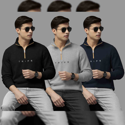 Pack Of 3 Logo Printed Mens Quarter Zip High Neck Combo Sweatshirts