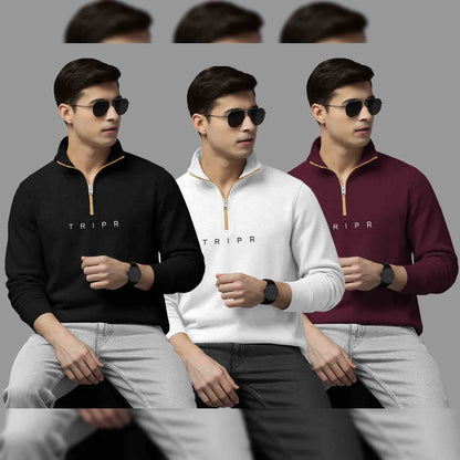 Pack Of 3 Logo Printed Mens Quarter Zip High Neck Combo Sweatshirts