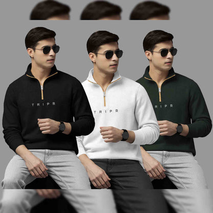 Pack Of 3 Logo Printed Mens Quarter Zip High Neck Combo Sweatshirts