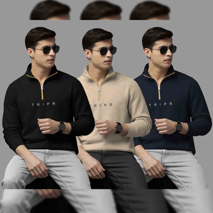 Pack Of 3 Logo Printed Mens Quarter Zip High Neck Combo Sweatshirts
