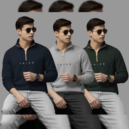 Pack Of 3 Logo Printed Mens Quarter Zip High Neck Combo Sweatshirts