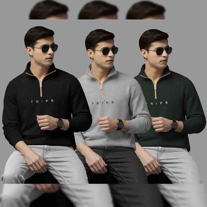 Pack Of 3 Logo Printed Mens Quarter Zip High Neck Combo Sweatshirts