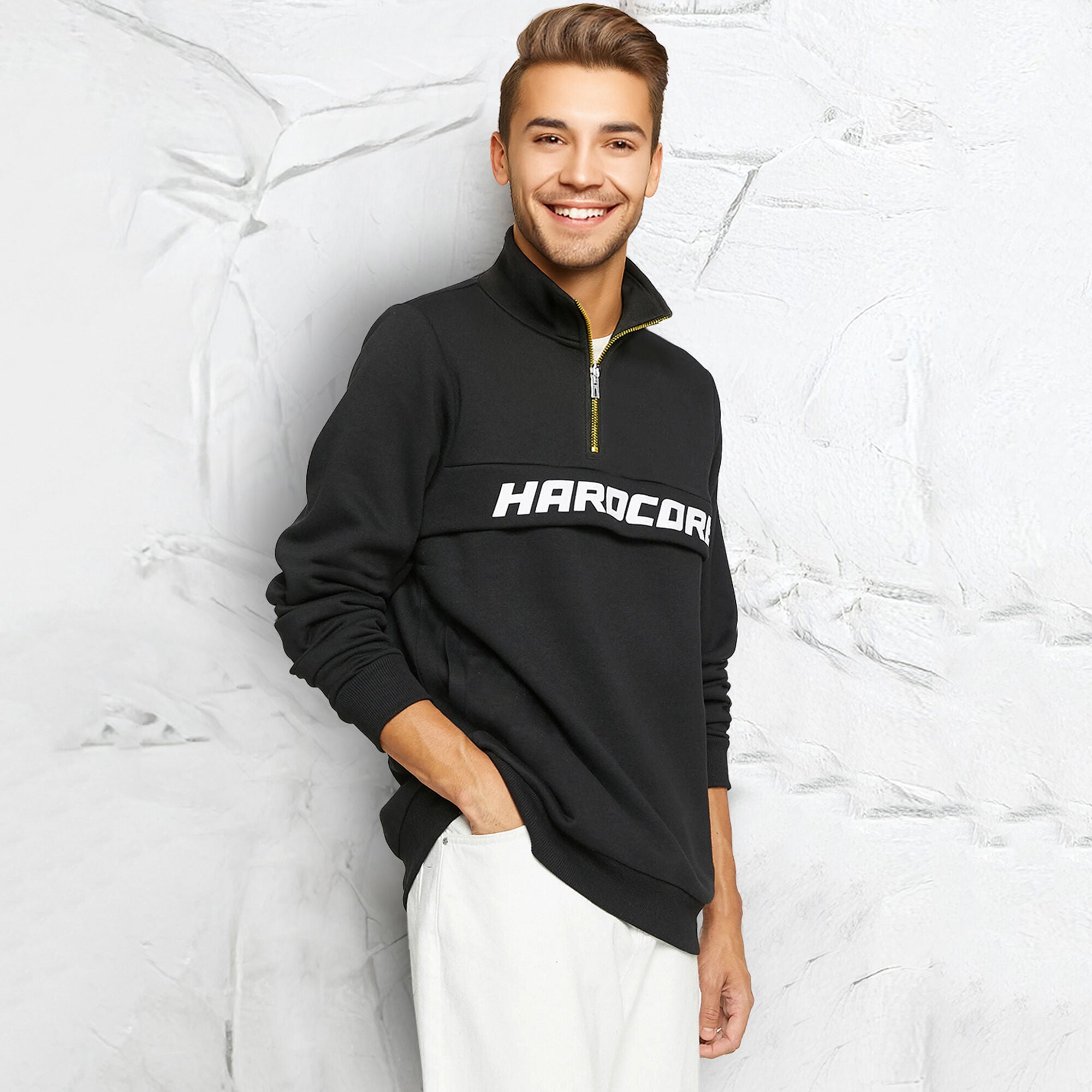 Men’s Printed Quarter Zip High Neck Sweatshirt Black