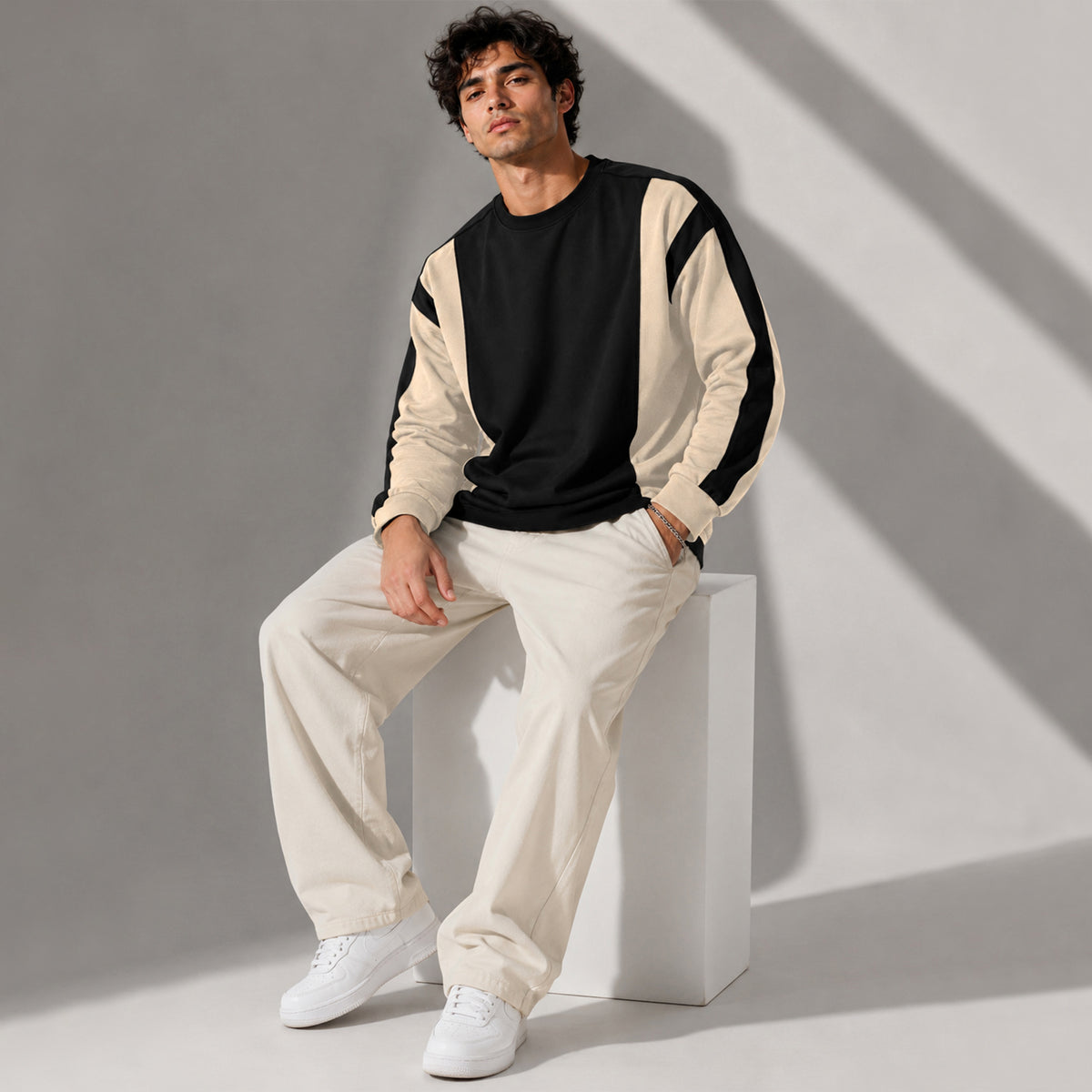 Full Sleeve Crew Neck Dual Color Winter Sweatshirt Beige