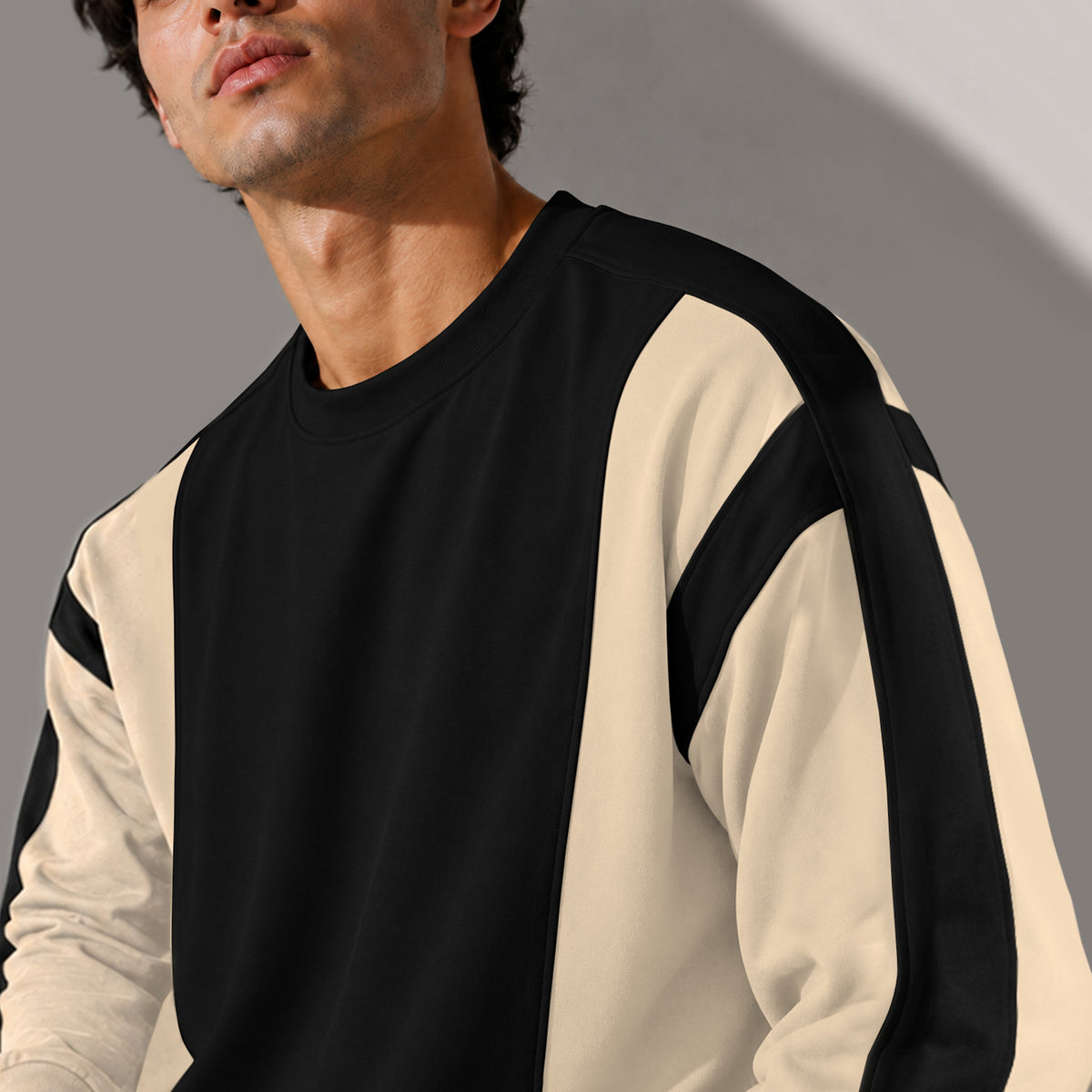 Full Sleeve Crew Neck Dual Color Winter Sweatshirt Beige
