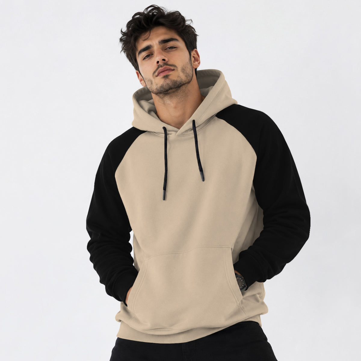 Mens Contrast Panel Kangaroo Pocket Hooded Sweatshirt Beige