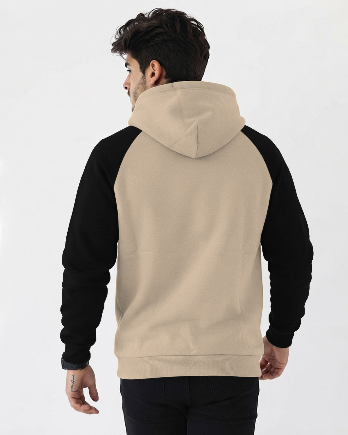 Mens Contrast Panel Kangaroo Pocket Hooded Sweatshirt Beige